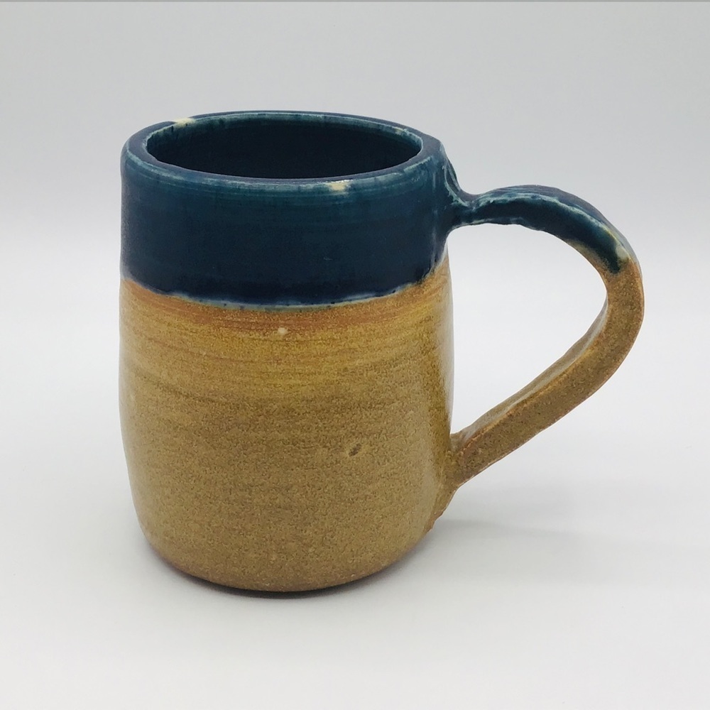 STUDIO Art Mug Pottery Coffee Tea Handle Blue Brown Signed Jesus Fish 14 oz